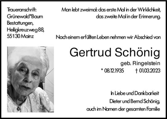 Traueranzeige von Gertrud Schönig von Allgemeine Zeitung Mainz