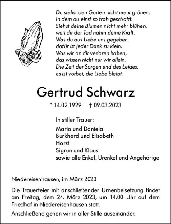 Traueranzeige von Gertrud Schwarz von Hinterländer Anzeiger
