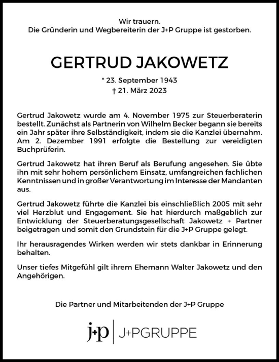 Traueranzeige von Getrud Jakowetz von Hinterländer Anzeiger