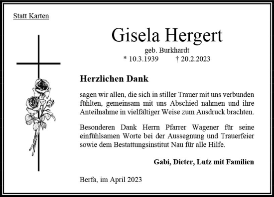 Traueranzeige von Gisela Hergert von Oberhessen Kurier