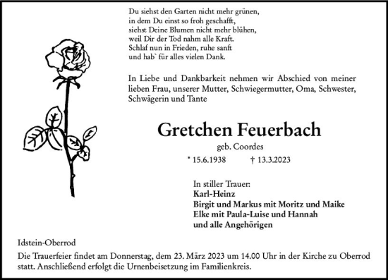 Traueranzeige von Gretchen Feuerbach von Idsteiner Land/Untertaunus