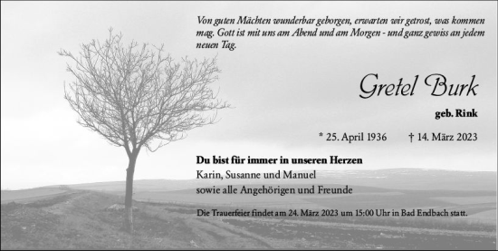 Traueranzeige von Gretel Burk von Hinterländer Anzeiger