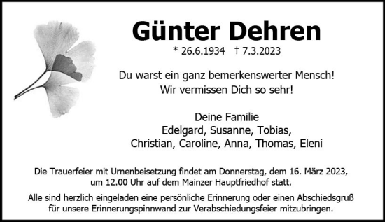 Traueranzeige von Günter Dehren von Allgemeine Zeitung Mainz