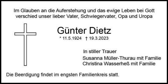 Traueranzeige von Günter Dietz von Dieburger Anzeiger/Groß-Zimmerner Lokal-Anzeiger