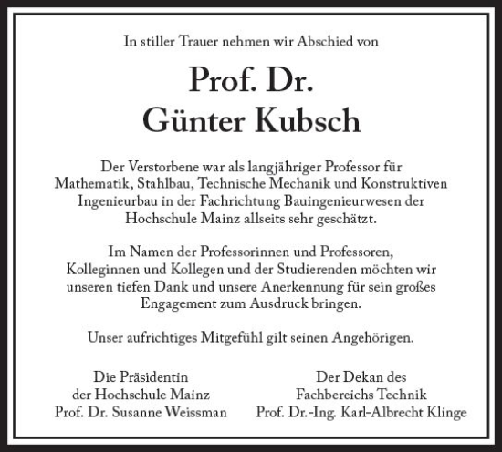 Traueranzeige von Günter Kubsch von Allgemeine Zeitung Mainz