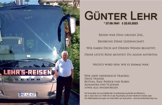 Traueranzeige von Günter Lehr von Allgemeine Zeitung Mainz