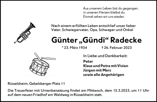 Traueranzeige von Günter Radecke von Rüsselsheimer Echo