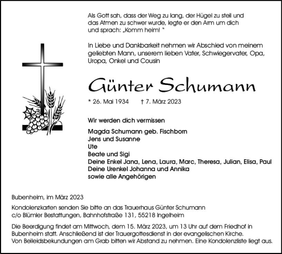 Traueranzeige von Günter Schumann von Allgemeine Zeitung Bingen/Ingelheim