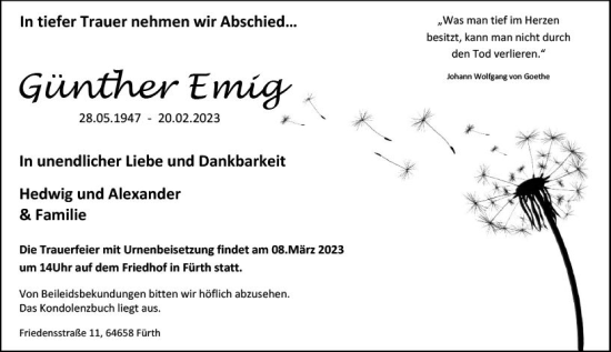 Traueranzeige von Günther Emig von Starkenburger Echo