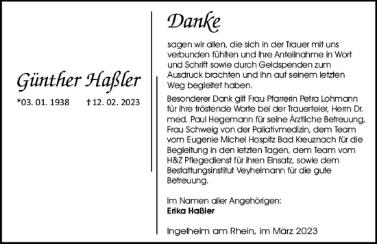 Traueranzeige von Günther Haßler von Allgemeine Zeitung Bingen/Ingelheim