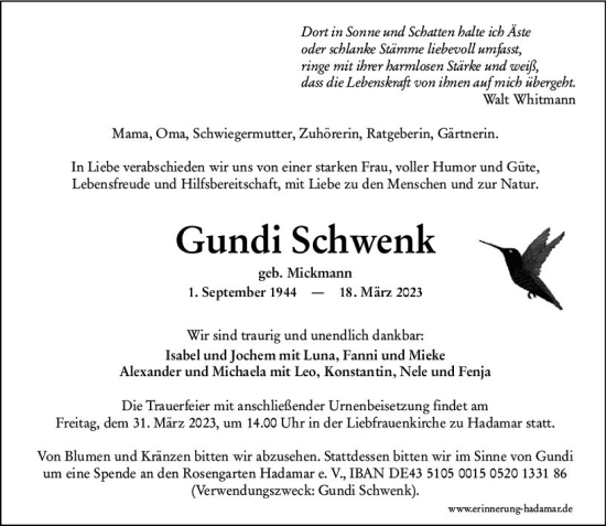 Traueranzeige von Gundi Schwenk von Nassauische Neue Presse