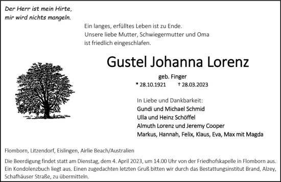 Traueranzeige von Gustel Johanna Lorenz von Allgemeine Zeitung Alzey