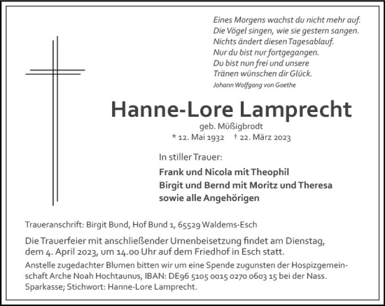 Traueranzeige von Hanne-Lore Lamprecht von Camberger Anzeiger