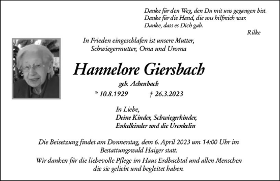 Traueranzeige von Hannelore Giersbach von Dill Block