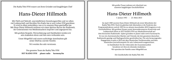 Traueranzeige von Hans-Dieter Hillmoth von Weilburger Tageblatt