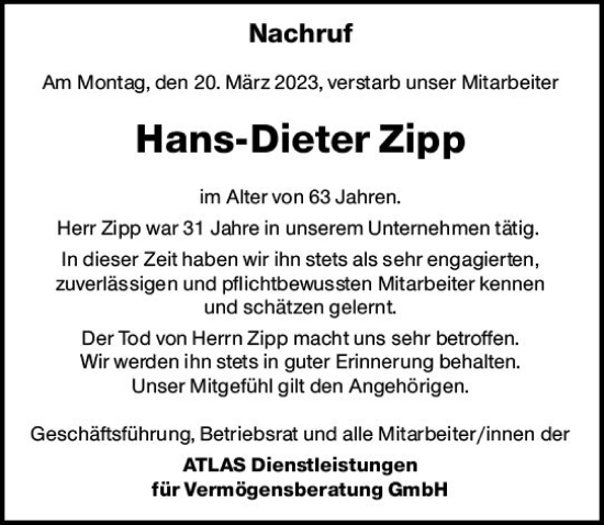 Traueranzeige von Hans-Dieter Zipp von Starkenburger Echo