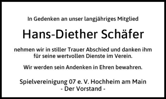 Traueranzeige von Hans-Diether Schäfer von Hochheimer Zeitung