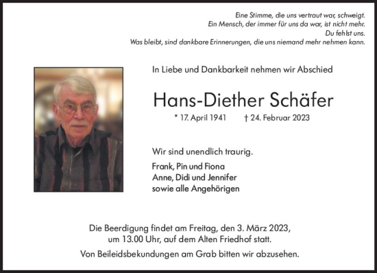 Traueranzeige von Hans-Diether Schäfer von Hochheimer Zeitung