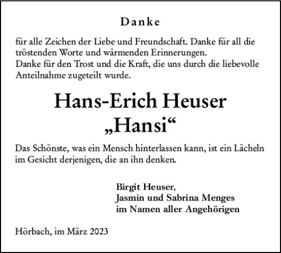 Traueranzeige von Hans-Erich Heuser von Dill Block