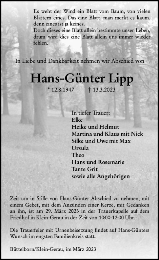 Traueranzeige von Hans-Günter Lipp von Groß-Gerauer Echo