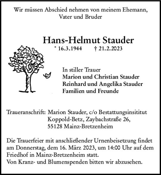 Traueranzeige von Hans-Helmut Stauder von Allgemeine Zeitung Mainz