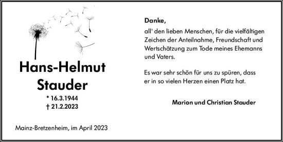 Traueranzeige von Hans-Helmut Stauder von Allgemeine Zeitung Mainz