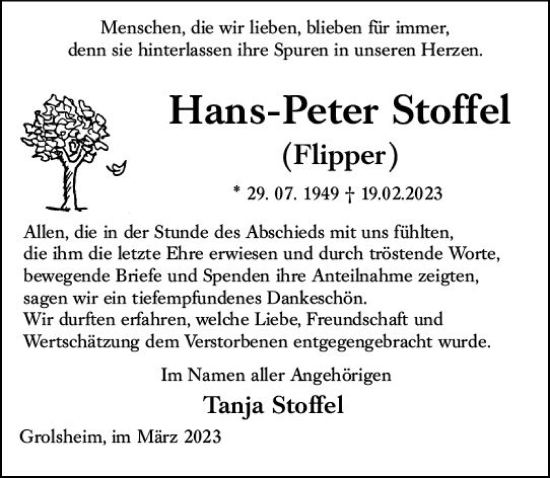 Traueranzeige von Hans-Peter Stoffel von Bingen/Ingelheim WOBL inkl. Neue Binger Ztg.