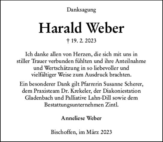 Traueranzeige von Harald Weber von Dill Block