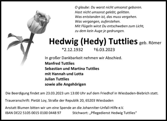 Traueranzeige von Hedwig Tuttlies von Wiesbadener Kurier
