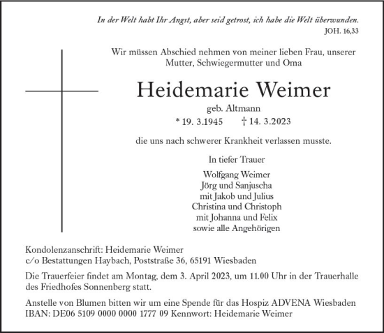 Traueranzeige von Heidemarie Weimer von Hochheimer Zeitung