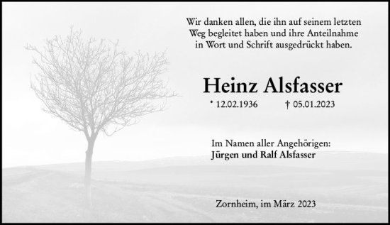 Traueranzeige von Heinz Alsfasser von Allgemeine Zeitung Mainz