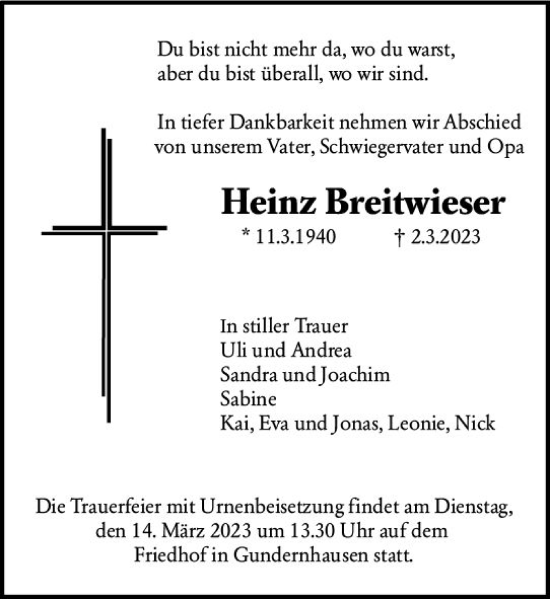 Traueranzeige von Heinz Breitwieser von Darmstädter Echo