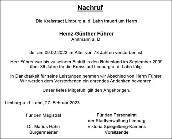 Traueranzeige von Heinz-Günther Führer von Nassauische Neue Presse