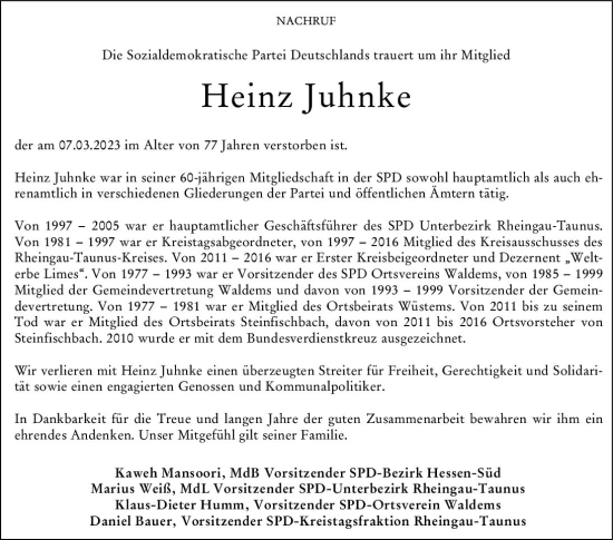 Traueranzeige von Heinz Juhnke von Idsteiner Land/Untertaunus