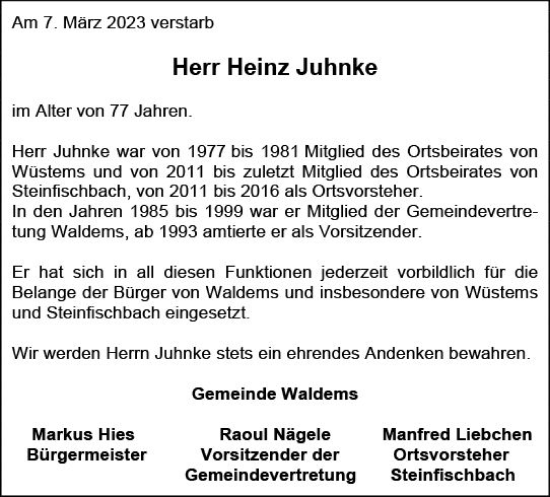 Traueranzeige von Heinz Juhnke von Camberger Anzeiger
