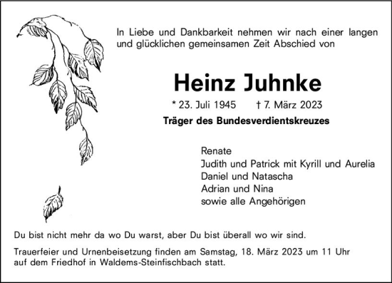 Traueranzeige von Heinz Juhnke von Camberger Anzeiger