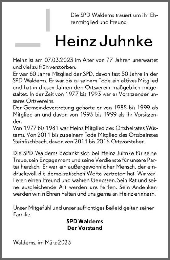 Traueranzeige von Heinz Juhnke von Camberger Anzeiger