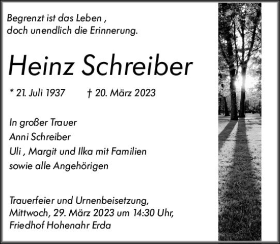 Traueranzeige von Heinz Schreiber von Wetzlarer Neue Zeitung