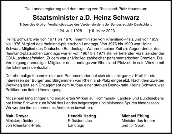 Traueranzeige von Heinz Schwarz von Allgemeine Zeitung Mainz