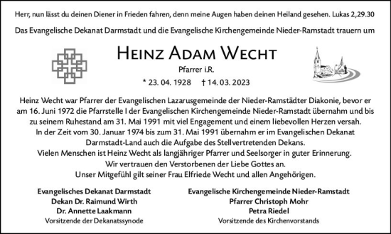 Traueranzeige von Heinz Adam Wecht von Darmstädter Echo