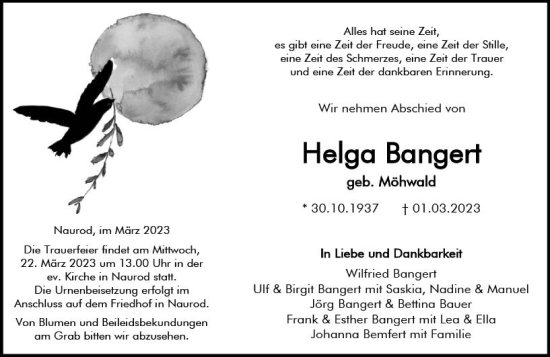 Traueranzeige von Helga Bangert von Wiesbadener Kurier