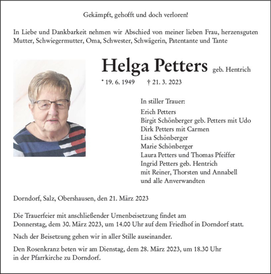Traueranzeige von Helga Petters von Nassauische Neue Presse