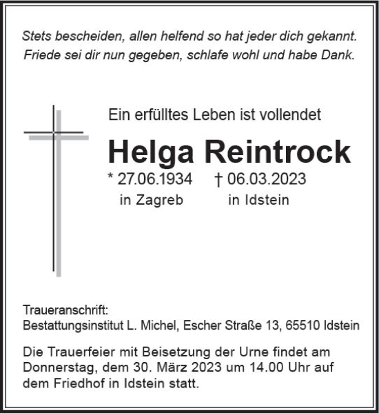 Traueranzeige von Helga Reintrock von Idsteiner Land/Untertaunus