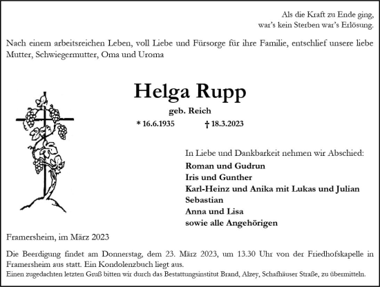 Traueranzeige von Helga Rupp von Allgemeine Zeitung Alzey