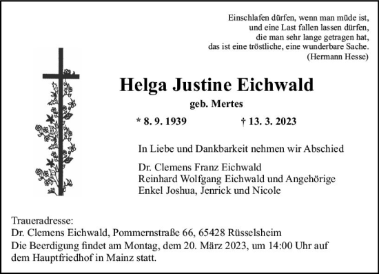 Traueranzeige von Helga Justine Eichwald von Rüsselsheimer Echo