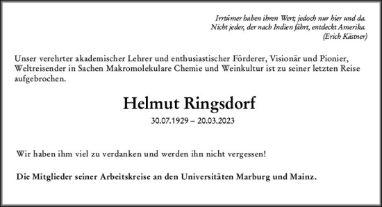 Traueranzeige von Helmut Ringsdorf von Allgemeine Zeitung Mainz