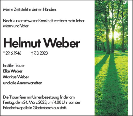 Traueranzeige von Helmut Weber von Hinterländer Anzeiger
