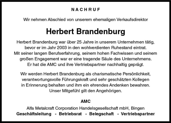Traueranzeige von Herbert Brandenburg von Allgemeine Zeitung Bingen/Ingelheim