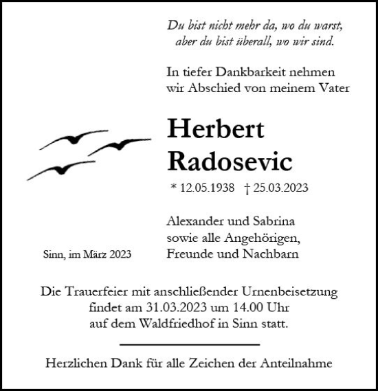 Traueranzeige von Herbert Radosevic von Dill Block
