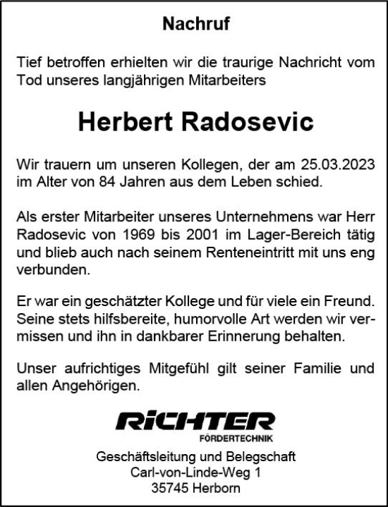 Traueranzeige von Herbert Radosevic von Dill Block